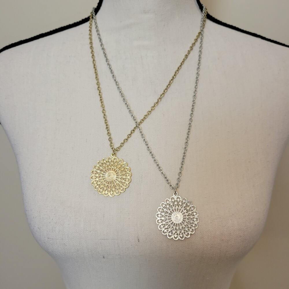 Lot Of 2 NWT Global & Vine Round Flower Filigree Pendant Necklace Silver/Gold